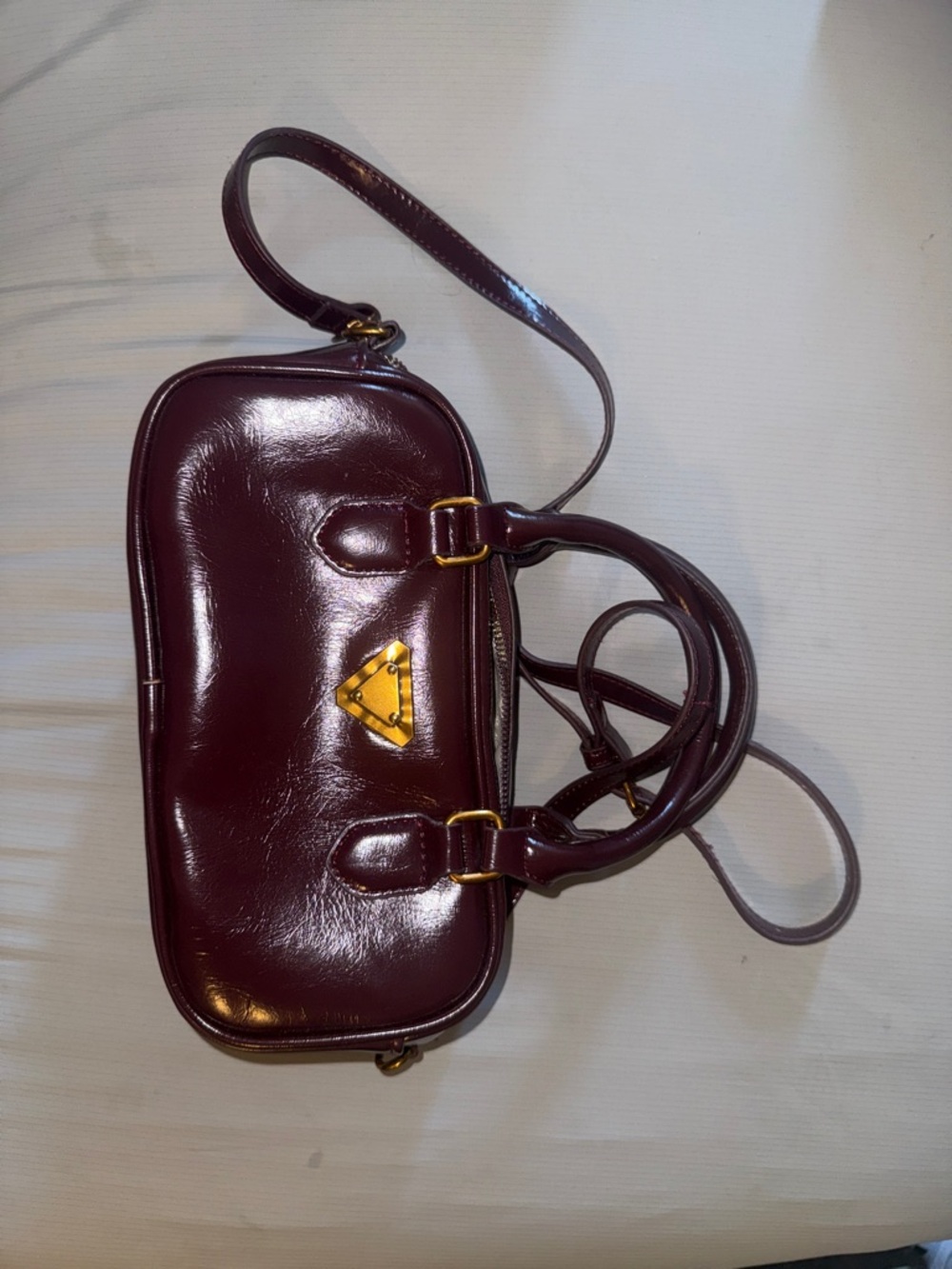 Women’s Patent Leather Satchel in Deep Burgundy with Gold Accents